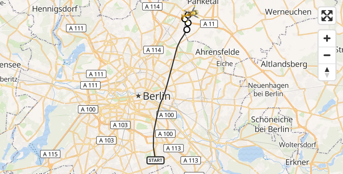 Flugroute Rettungshubschrauber Berlin - Helios Clinic Berlin-Buch, 23 Oktober 2026, 09:26