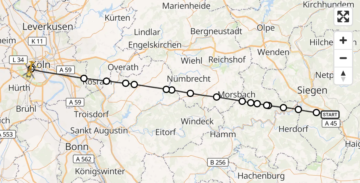 Flugroute Rettungshubschrauber Wilnsdorf - Köln University Hospital, 23 Oktober 2026, 09:28