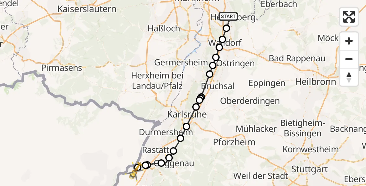 Flugroute Rettungshubschrauber Heidelberg - Karlsruhe Baden-Baden Flughafen, 23 Oktober 2026, 09:37