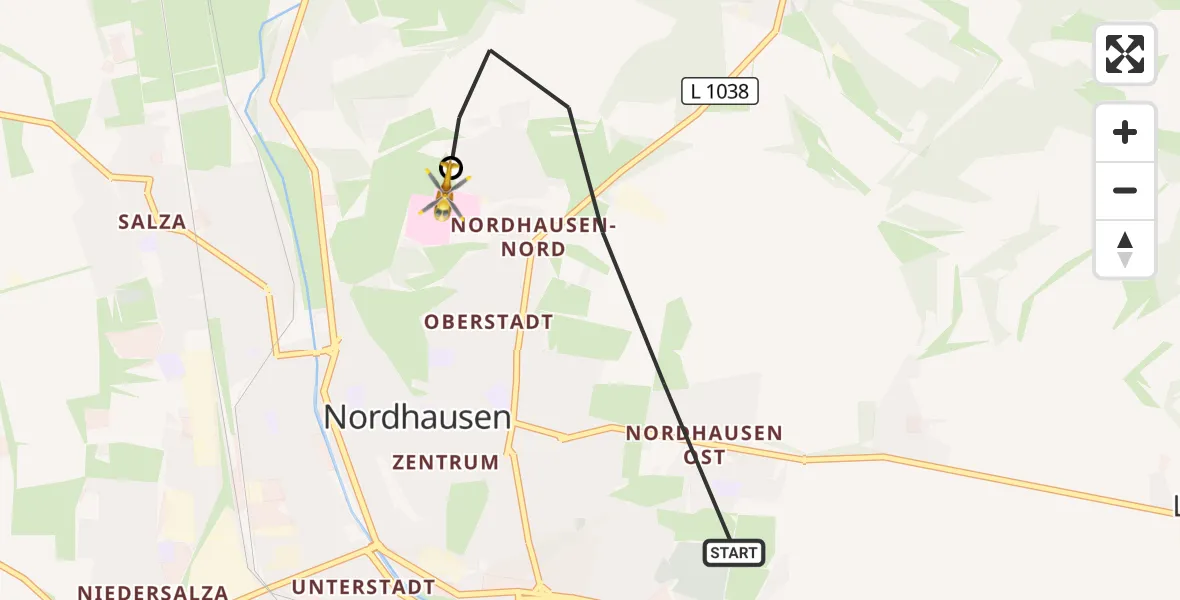 Flugroute Rettungshubschrauber Nordhausen - Südharz Hospital Nordhausen, 23 Oktober 2026, 09:51