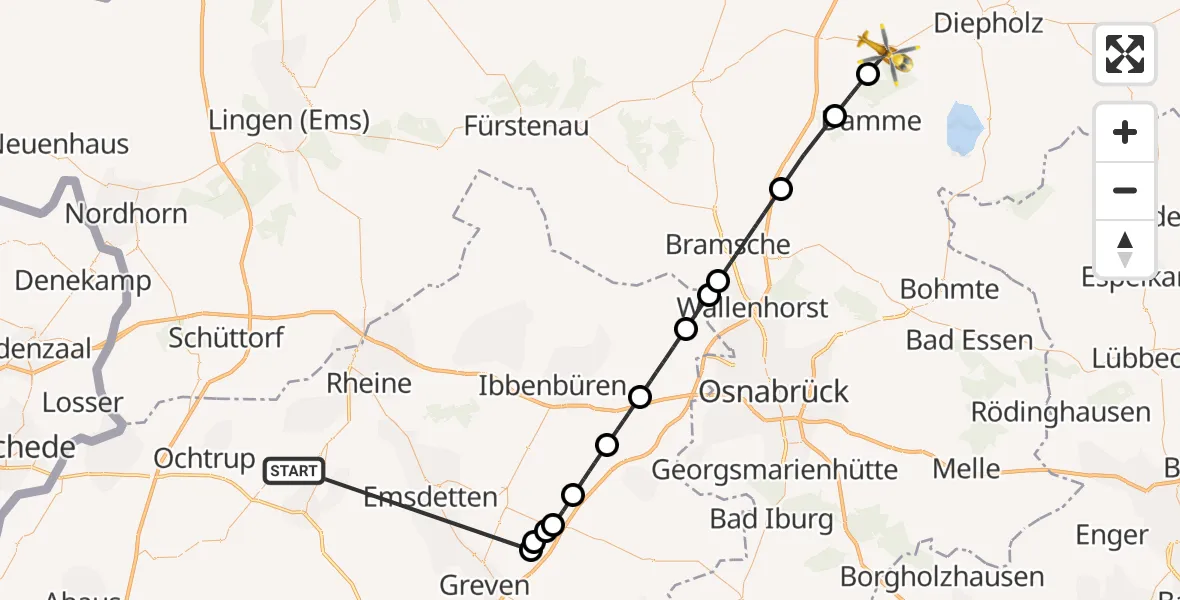 Flugroute Ambulanzhubschrauber Wettringen - Steinfeld (Oldenburg), 23 Oktober 2026, 10:02