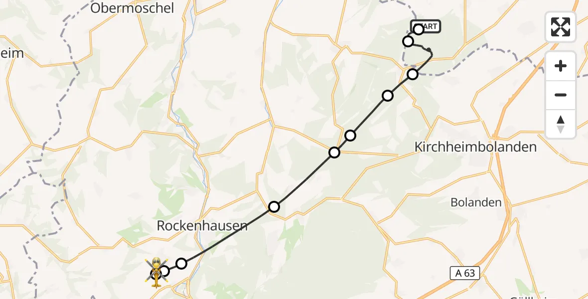 Flugroute Rettungshubschrauber Nieder-Wiesen - Rockenhausen, 23 Oktober 2026, 10:09