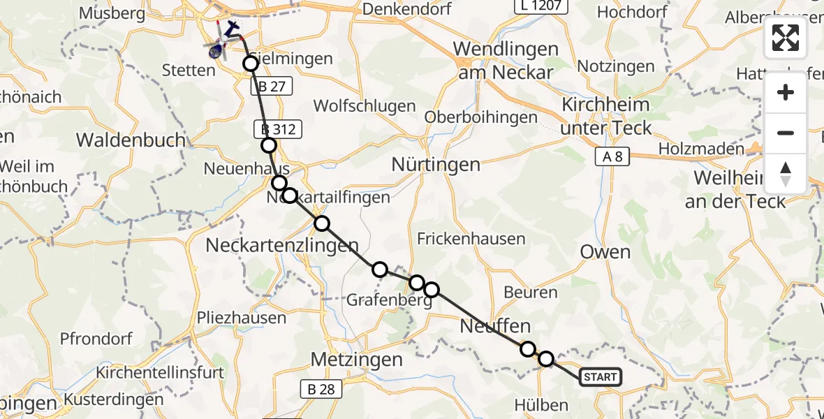 Flugroute Polizeihubschrauber Grabenstetten - Flughafen Stuttgart, 23 Oktober 2026, 10:10