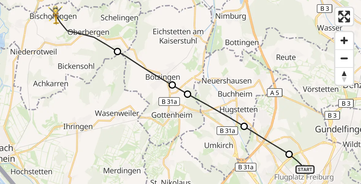 Flugroute Ambulanzhubschrauber Freiburg im Breisgau Flugplatz - Vogtsburg im Kaiserstuhl, 23 Oktober 2026, 10:15