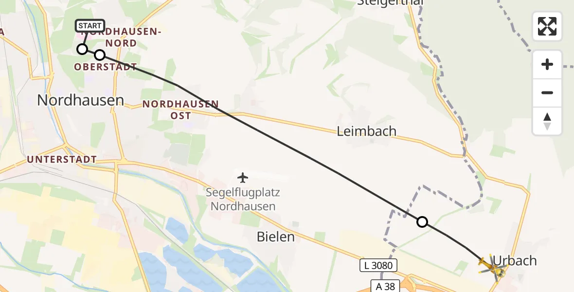 Flugroute Rettungshubschrauber Südharz Hospital Nordhausen - Urbach, 23 Oktober 2026, 10:16