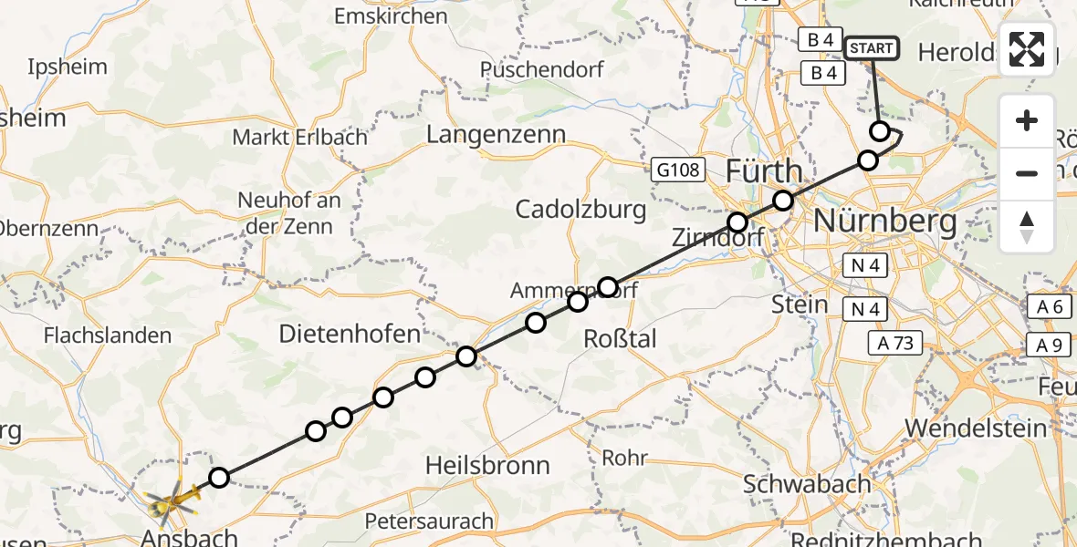 Flugroute Rettungshubschrauber Neunhofer Forst - Ansbach, 23 Oktober 2026, 10:20