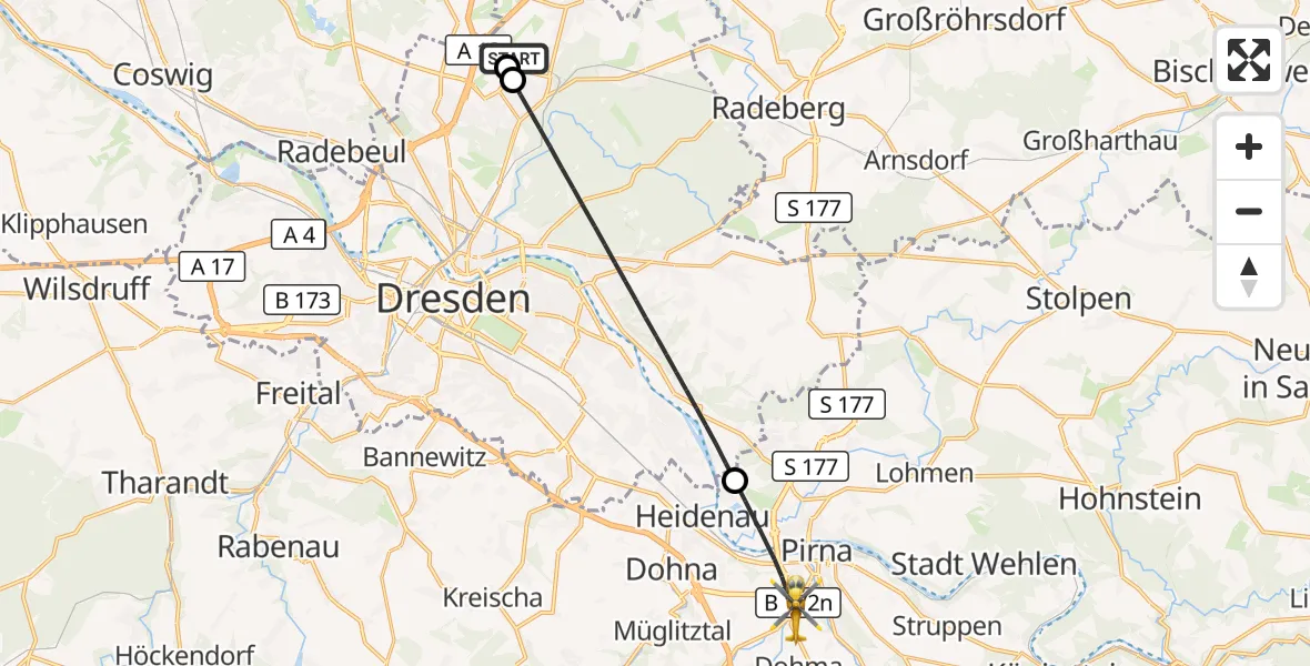 Flugroute Rettungshubschrauber Dresden Bundespolizei Hubschrauberlandeplatz - Pirna, 23 Oktober 2026, 10:22