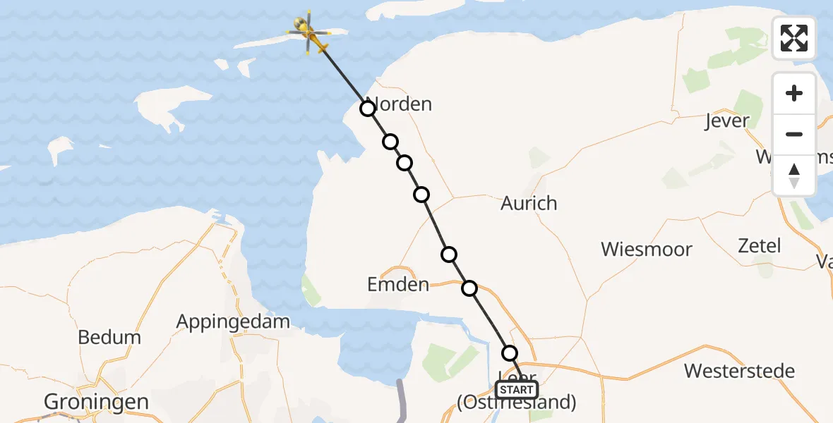 Flugroute Ambulanzhubschrauber Leer (Ostfriesland) - Noordzee, 23 Oktober 2026, 10:24