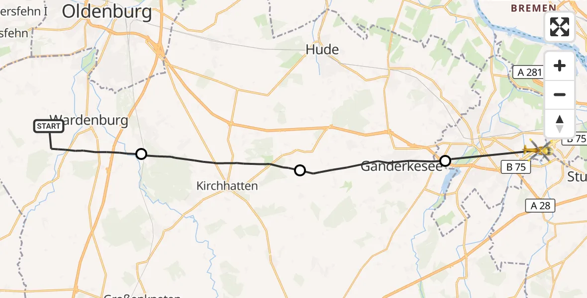 Flugroute Rettungshubschrauber Wardenburg - Delmenhorst, 23 Oktober 2026, 10:51