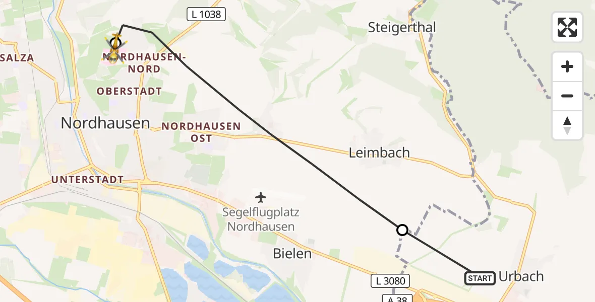 Flugroute Rettungshubschrauber Urbach - Südharz Hospital Nordhausen, 23 Oktober 2026, 10:53