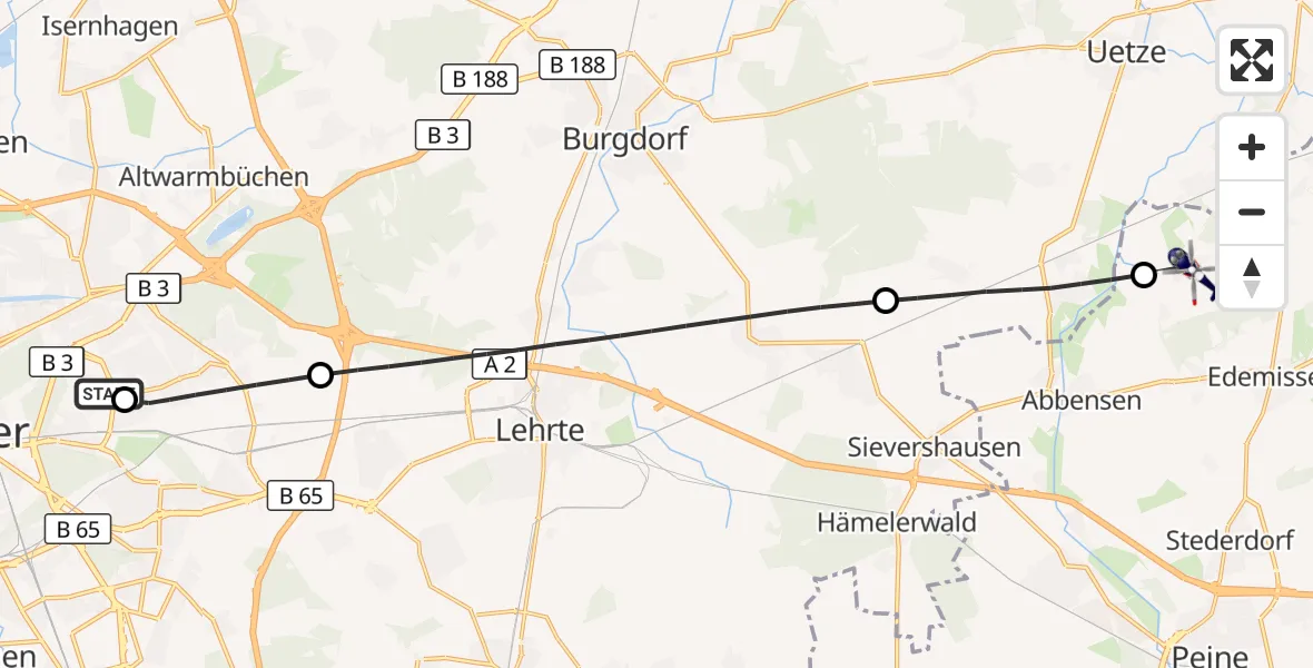 Flugroute Polizeihubschrauber Hannover Luftrettung Hubschrauberlandeplatz (Christoph 4) - Edemissen, 23 Oktober 2026, 11:11