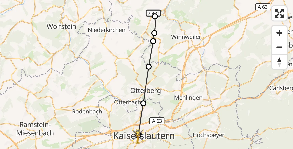 Flugroute Rettungshubschrauber Imsweiler - Westpfalz Hospital Kaiserslautern, 23 Oktober 2026, 11:11
