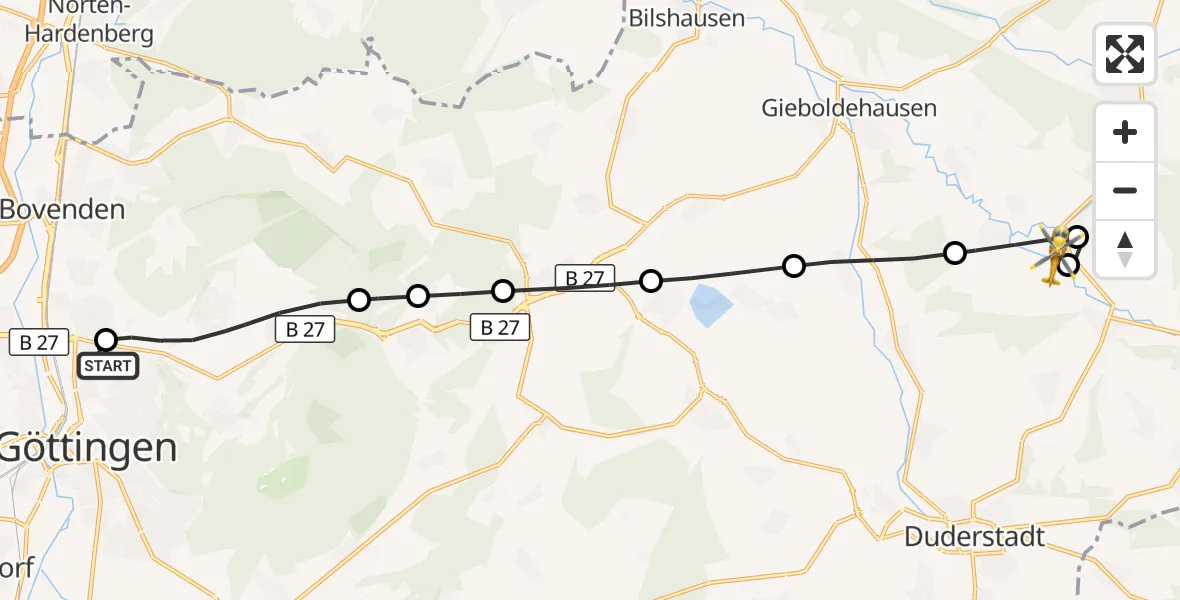 Flugroute Rettungshubschrauber Göttingen University Clinic Hubschrauberlandeplatz - Rüdershausen, 23 Oktober 2026, 11:11