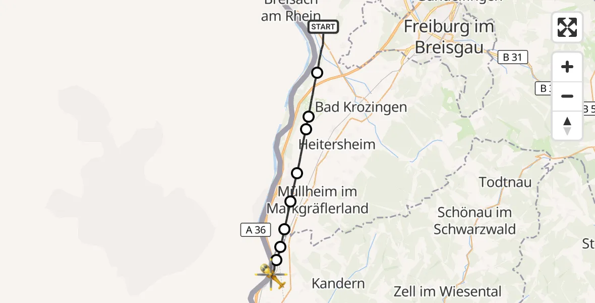 Flugroute Ambulanzhubschrauber Breisach am Rhein - Bad Bellingen, 23 Oktober 2026, 11:11
