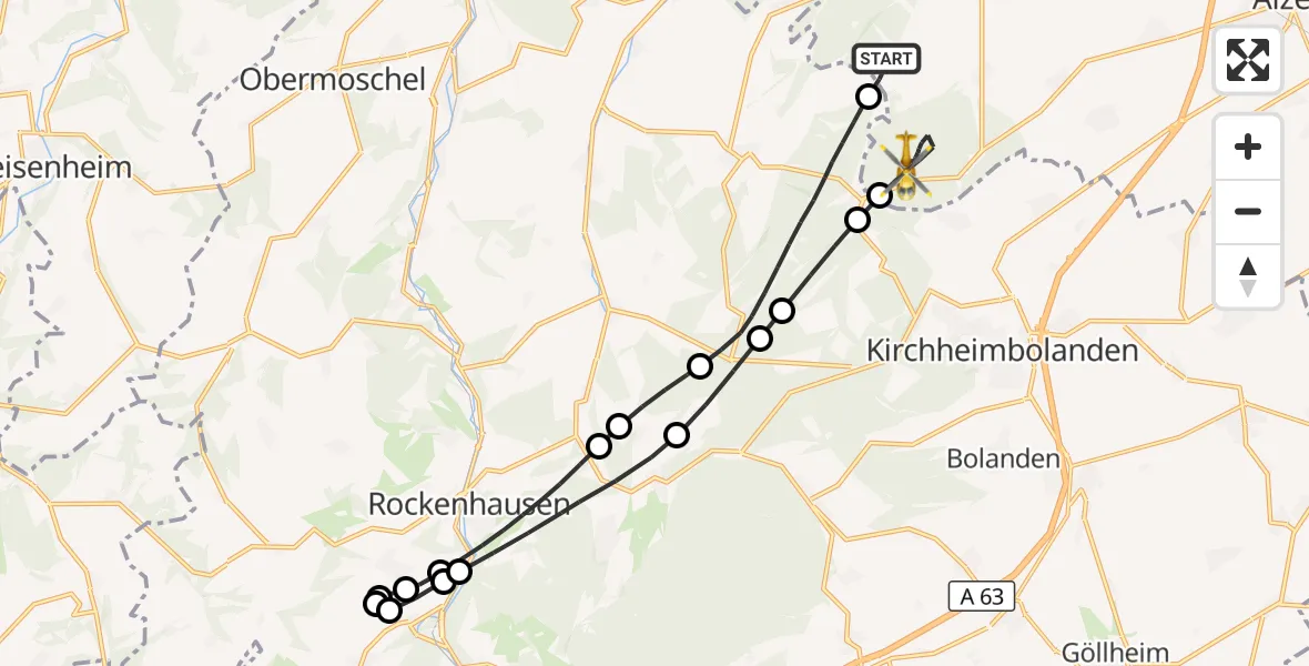 Flugroute Rettungshubschrauber Nieder-Wiesen - Offenheim, 23 Oktober 2026, 11:22