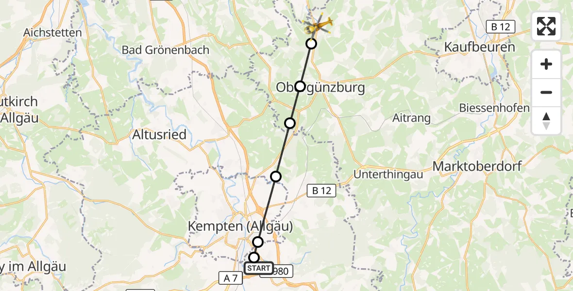 Flugroute Rettungshubschrauber Kempten-Durach Flugplatz - Ronsberg, 23 Oktober 2026, 11:23