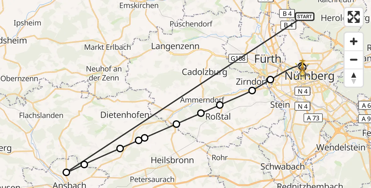 Flugroute Rettungshubschrauber Neunhofer Forst - Nürnberg North Hospital, 23 Oktober 2026, 11:26