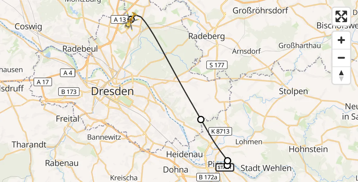 Flugroute Rettungshubschrauber Pirna Hospital - Dresden Bundespolizei Hubschrauberlandeplatz, 23 Oktober 2026, 11:27
