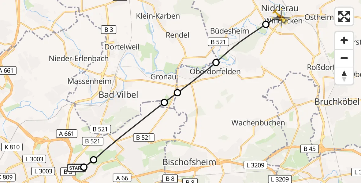 Flugroute Rettungshubschrauber Frankfurt am Main Accident Hospital Roof Helipad (CHX2) - Nidderau, 23 Oktober 2026, 11:33