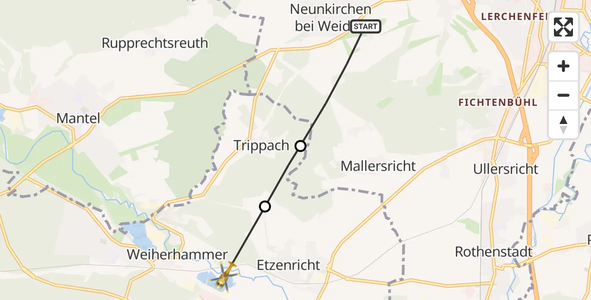 Flugroute Ambulanzhubschrauber Weiden i.d.OPf. - Weiherhammer, 23 Oktober 2026, 11:35
