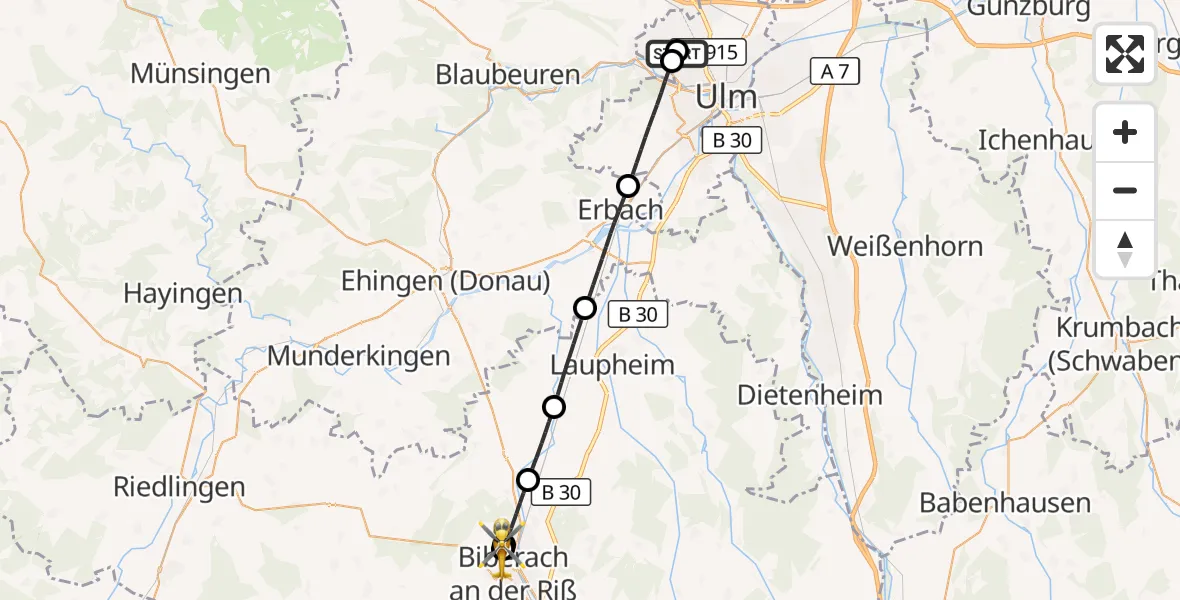Flugroute Rettungshubschrauber Ulm Military Hospital Emergency - Sana Clinic Biberach District Hospital, 23 Oktober 2026, 11:35