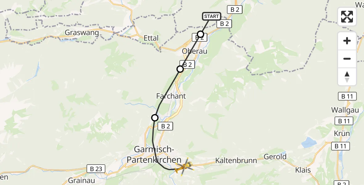 Flugroute Rettungshubschrauber Eschenlohe - Garmisch-Partenkirchen Clinic Hubschrauberlandeplatz, 23 Oktober 2026, 11:36
