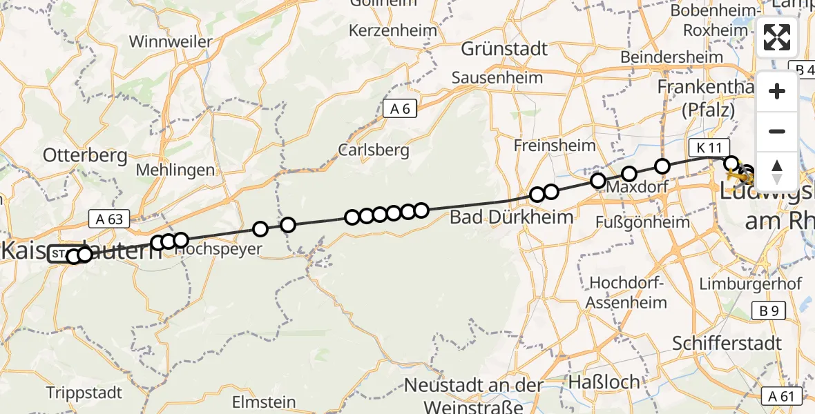 Flugroute Rettungshubschrauber Westpfalz Hospital Kaiserslautern - Ludwigshafen Accident Hospital, 23 Oktober 2026, 11:38