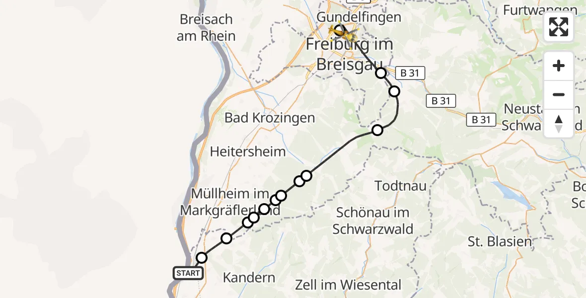 Flugroute Ambulanzhubschrauber Bad Bellingen - Freiburg im Breisgau Flugplatz, 23 Oktober 2026, 11:43