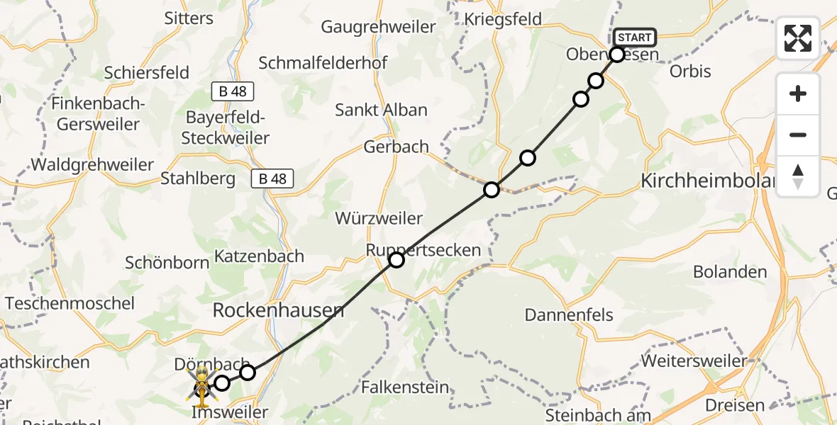 Flugroute Rettungshubschrauber Offenheim - Rockenhausen, 23 Oktober 2026, 11:45