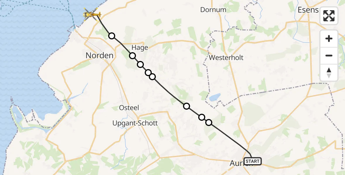 Flugroute Ambulanzhubschrauber Aurich - Noordzee, 23 Oktober 2026, 11:45