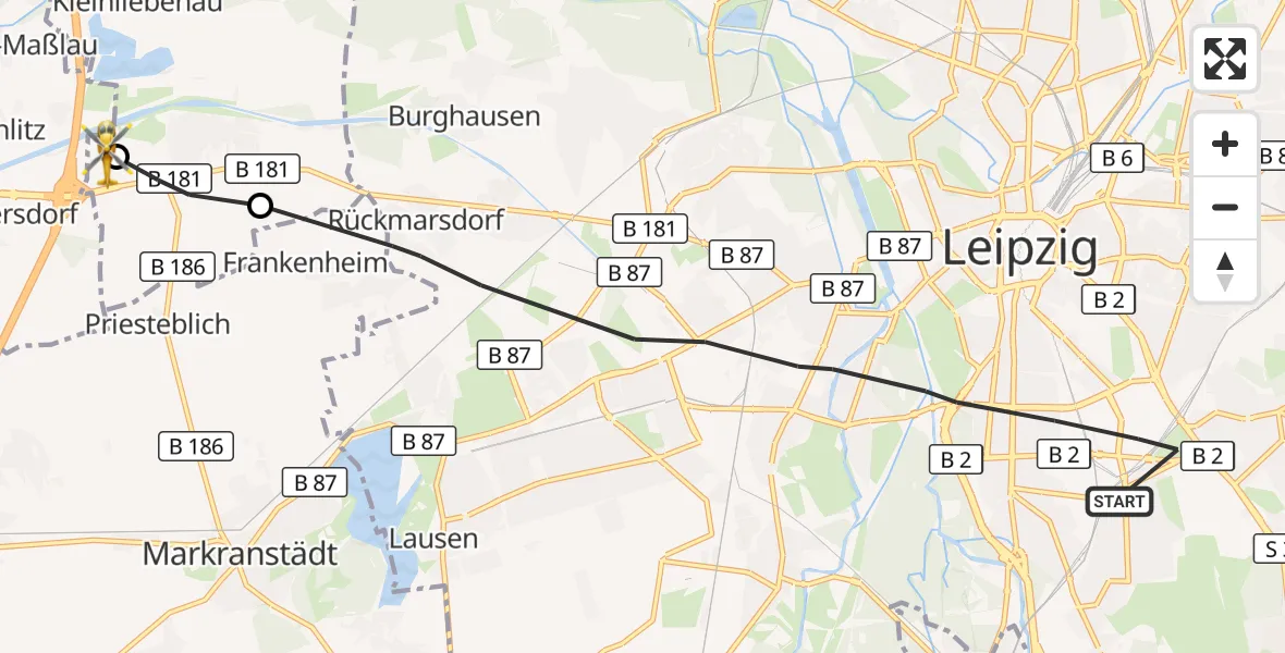 Flugroute Rettungshubschrauber Leipzig - ADAC Air Rescue Station Leipzig/Schkeuditz-Dölzig Hubschrauberlandeplatz (Christoph 61), 23 Oktober 2026, 11:47
