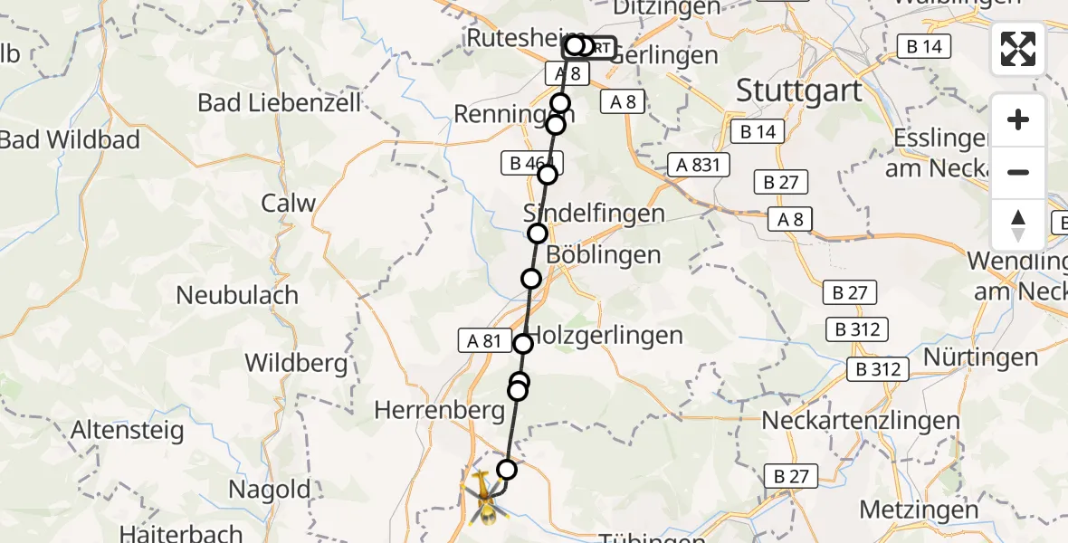 Flugroute Rettungshubschrauber Leonberg Hospital - Ammerbuch, 23 Oktober 2026, 11:53
