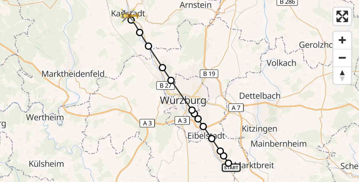 Flugroute Rettungshubschrauber Ochsenfurt - Karlstadt, 23 Oktober 2026, 11:54