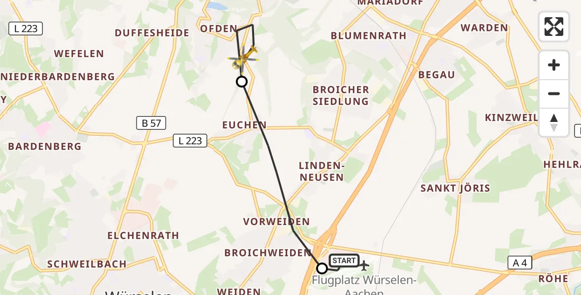 Flugroute Rettungshubschrauber Aachen-Merzbrück Flughafen - Alsdorf, 23 Oktober 2026, 12:04