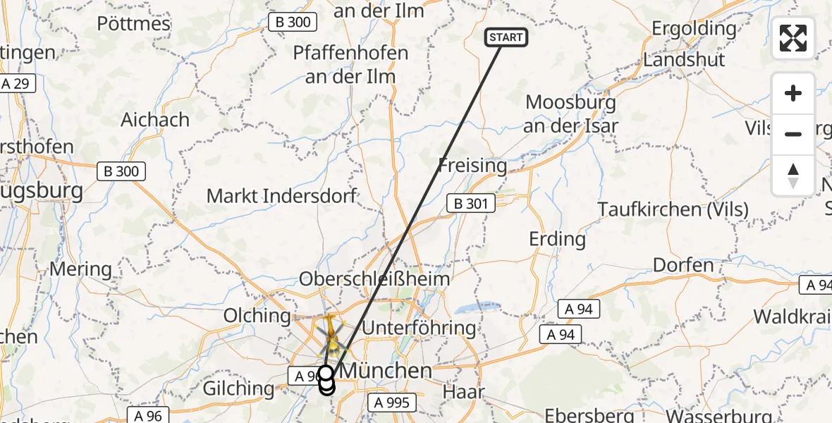 Flugroute Rettungshubschrauber Rudelzhausen - München, 23 Oktober 2026, 12:06