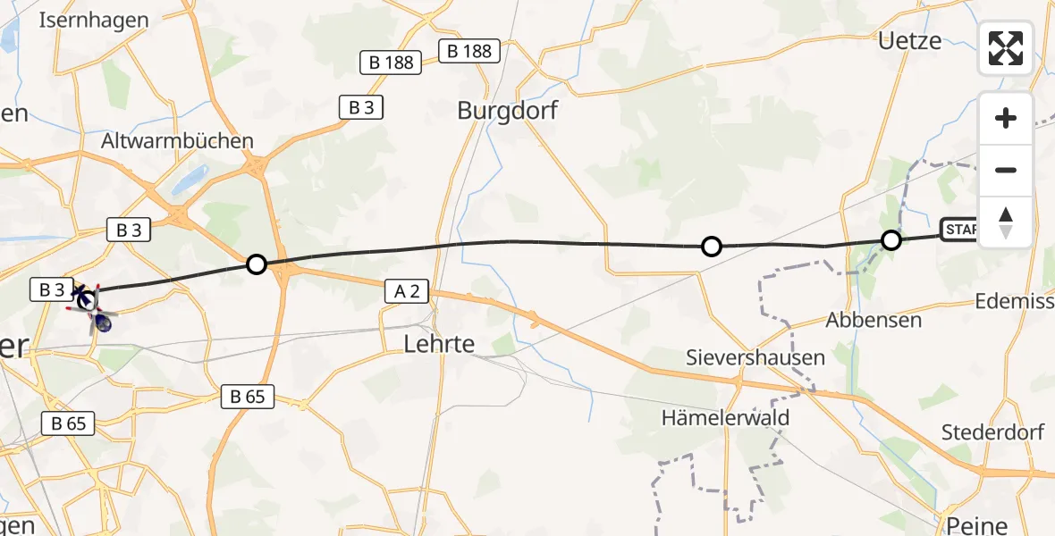 Flugroute Polizeihubschrauber Edemissen - Hannover Luftrettung Hubschrauberlandeplatz (Christoph 4), 23 Oktober 2026, 12:09