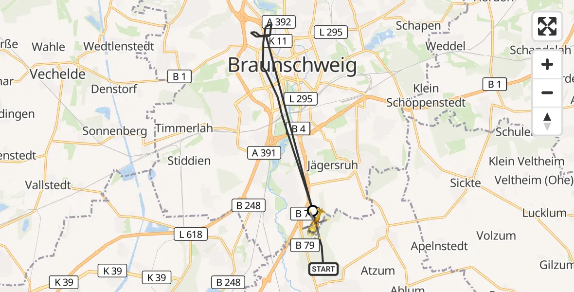 Flugroute Rettungshubschrauber Wolfenbüttel - Braunschweig, 23 Oktober 2026, 12:10