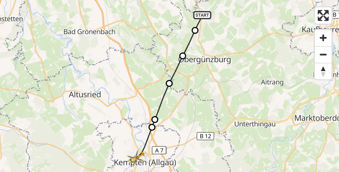 Flugroute Rettungshubschrauber Ronsberg - Kempten (Allgäu), 23 Oktober 2026, 12:11