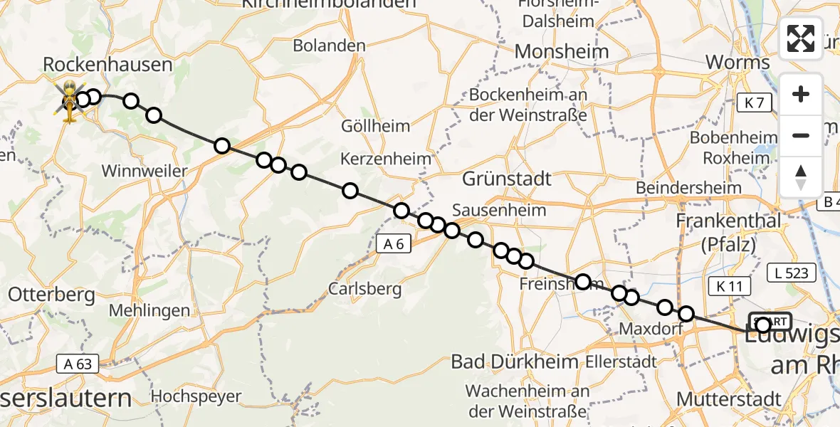 Flugroute Rettungshubschrauber Ludwigshafen Accident Hospital - Rockenhausen, 23 Oktober 2026, 12:12