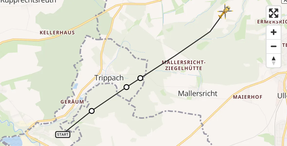 Flugroute Ambulanzhubschrauber Weiherhammer - Weiden i.d.OPf., 23 Oktober 2026, 12:18