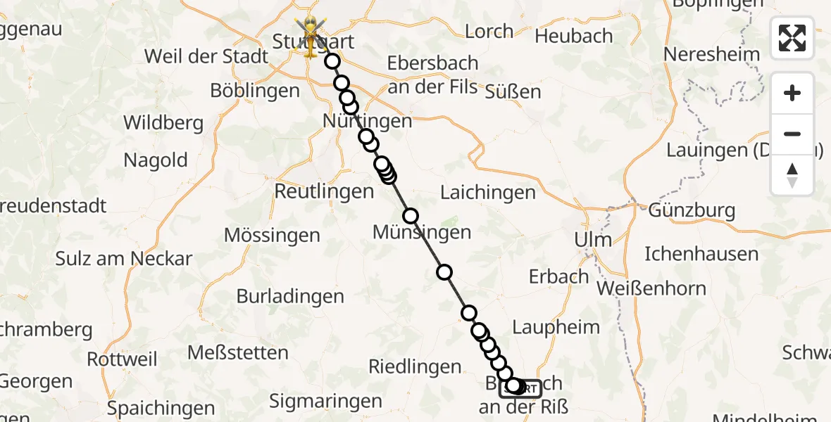 Flugroute Rettungshubschrauber Sana Clinic Biberach District Hospital - Stuttgart, 23 Oktober 2026, 12:20