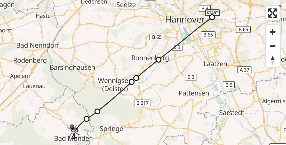 Flugroute Polizeihubschrauber Hannover Luftrettung Hubschrauberlandeplatz (Christoph 4) - Bad Münder am Deister, 23 Oktober 2026, 12:27