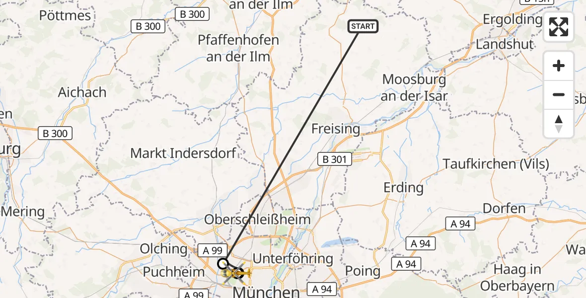 Flugroute Rettungshubschrauber Rudelzhausen - Dritter Orden University Hospital, 23 Oktober 2026, 12:33