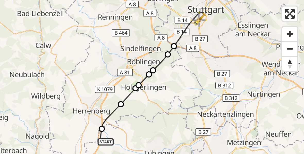 Flugroute Rettungshubschrauber Ammerbuch - Stuttgart, 23 Oktober 2026, 12:38
