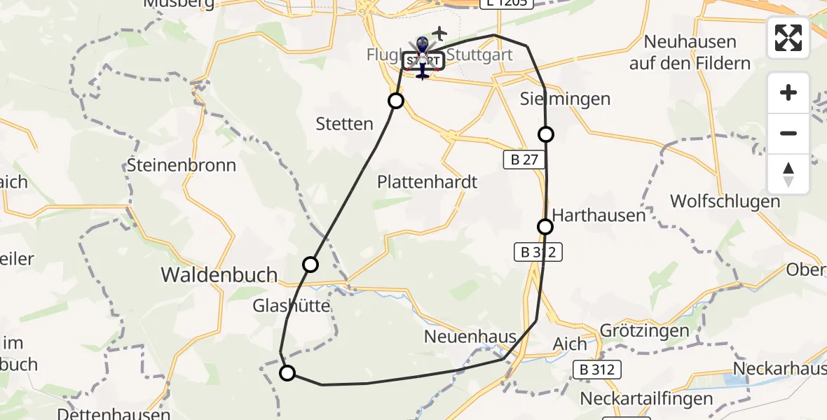 Flugroute Polizeihubschrauber Flughafen Stuttgart - Flughafen Stuttgart, 23 Oktober 2026, 12:39