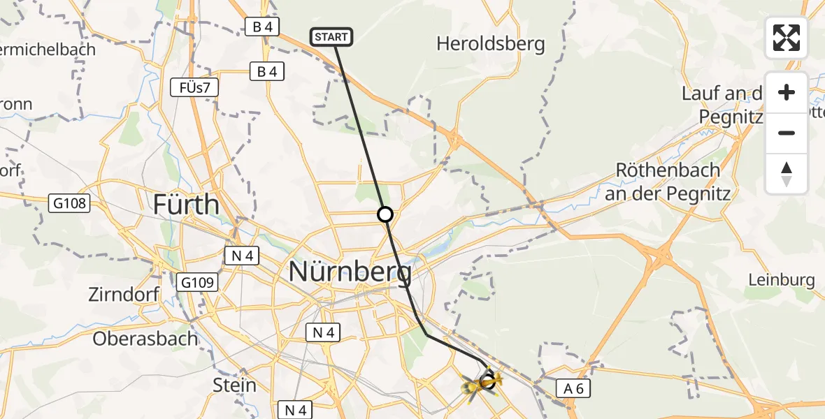 Flugroute Rettungshubschrauber Neunhofer Forst - Nürnberg South Hospital, 23 Oktober 2026, 12:45