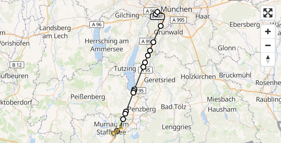 Flugroute Rettungshubschrauber DRF Air Rescue München Hubschrauberlandeplatz - Murnau a.Staffelsee, 23 Oktober 2026, 12:49
