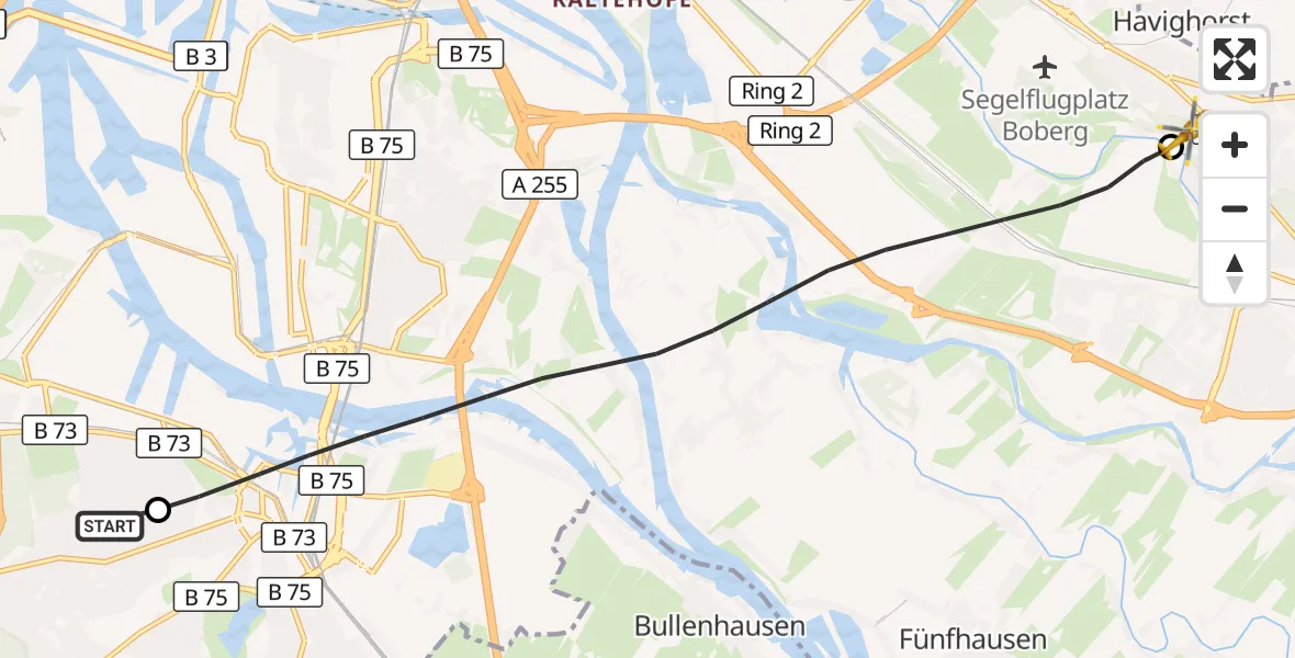 Flugroute Rettungshubschrauber Asklepios Hospital Harburg - Christoph Hansa ADAC Hubschrauberlandeplatz, 23 Oktober 2026, 12:58