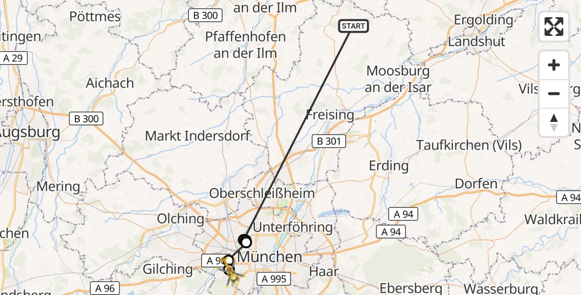 Flugroute Rettungshubschrauber Rudelzhausen - DRF Air Rescue München Hubschrauberlandeplatz, 23 Oktober 2026, 12:59