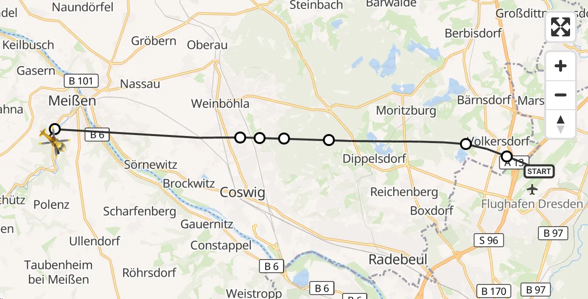 Flugroute Rettungshubschrauber Dresden Flughafen - Meißen, 23 Oktober 2026, 13:00